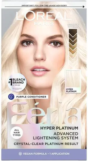 Feria Hyper Platinum Advanced Lightening System Hair Bleach, Lifts Up To 8 Levels, Includes Anti Brass Purple Conditioner, 1 Hair Dye Kit Feria Hyper Platinum Advanced Lightening System Hair Bleach, Lifts Up To 8 Levels, Includes Anti Brass Purple Conditioner, 1 Hair Dye Kit