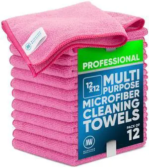 MW PRO Cleaning Cloths Pink (12 Pack, 12x12) - Commercial Janitorial Towels & Lint Free Rags - Heavy Duty for Auto Detailing, Glass Windows, Housekeeping & Screens - Washable 300+ Times MW PRO Cleaning Cloths Pink (12 Pack, 12x12) - Commercial Janitorial Towels & Lint Free Rags - Heavy Duty for Auto Detailing, Glass Windows, Housekeeping & Screens - Washable 300+ Times