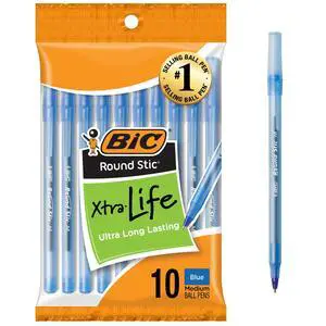 Round Stic Xtra Life Blue Ballpoint Pens, Medium Point (1.0mm), 10-Count Pack of Bulk Pens, Flexible Round Barrel for Writing Comfort, No. 1 Selling Ballpoint Pens Round Stic Xtra Life Blue Ballpoint Pens, Medium Point (1.0mm), 10-Count Pack of Bulk Pens, Flexible Round Barrel for Writing Comfort, No. 1 Selling Ballpoint Pens