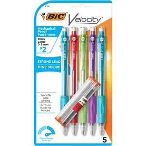 Velocity Strong Lead Mechanical Pencils, With Colorful Barrel, Thick Point (0.9mm), 5-Count Pack Mechanical Pencils With Erasers Velocity Strong Lead Mechanical Pencils, With Colorful Barrel, Thick Point (0.9mm), 5-Count Pack Mechanical Pencils With Erasers