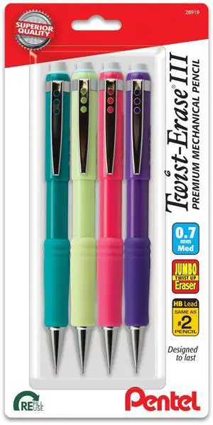 Twist-Erase III Mechanical Pencil, (0.7mm), Medium Line, Assorted Fashion Color Barrels, Pack of 4 (QE517FBP4M) Twist-Erase III Mechanical Pencil, (0.7mm), Medium Line, Assorted Fashion Color Barrels, Pack of 4 (QE517FBP4M)