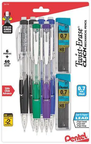 Twist-Erase Click Mechanical Pencil (0.7mm), Pack of 6 Pencils with 2 Pack of Lead Refills (PD277TLBPS6M) Twist-Erase Click Mechanical Pencil (0.7mm), Pack of 6 Pencils with 2 Pack of Lead Refills (PD277TLBPS6M)