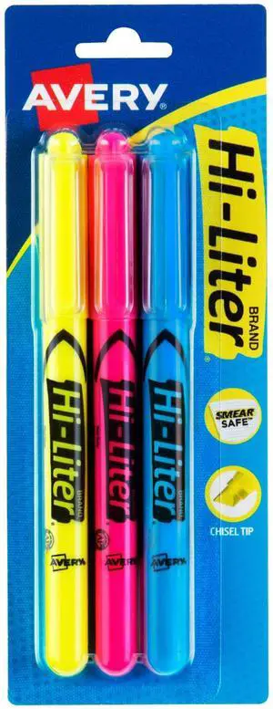 Hi-Liter Pen-Style Highlighters, Smear Safe Ink, Chisel Tip, 3 Assorted Color Highlighters (25860) Hi-Liter Pen-Style Highlighters, Smear Safe Ink, Chisel Tip, 3 Assorted Color Highlighters (25860)
