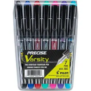 Precise Varsity Pre-Filled Fountain Pens for Writing, Medium Point Stainless Steel Nib, Black/Blue/Red/Pink/Green/Purple/Turquoise Ink, 1.0mm, 7-Pack Precise Varsity Pre-Filled Fountain Pens for Writing, Medium Point Stainless Steel Nib, Black/Blue/Red/Pink/Green/Purple/Turquoise Ink, 1.0mm, 7-Pack