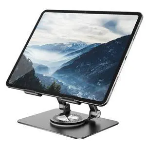 Tablet Stand Holder with 360° Rotating Base Dual Rod Aluminum Adjustable Tablet Stand for Desk Compatible with iPad Samsung Phone Kindle E-Reader and More, Black Tablet Stand Holder with 360° Rotating Base Dual Rod Aluminum Adjustable Tablet Stand for Desk Compatible with iPad Samsung Phone Kindle E-Reader and More, Black