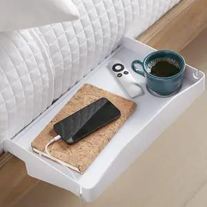 Bedside Shelf for Bed, College Dorm Room, Bunk Bed Shelf/Caddy for Top Bunk, Clip On Nightstand Tray with Cord and Cup Holder for Table Storage (White) Bedside Shelf for Bed, College Dorm Room, Bunk Bed Shelf/Caddy for Top Bunk, Clip On Nightstand Tray with Cord and Cup Holder for Table Storage (White)
