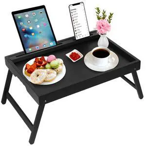 Bamboo Bed Tray Table with Device Slot, Folding Legs, Large, Black Bamboo Bed Tray Table with Device Slot, Folding Legs, Large, Black