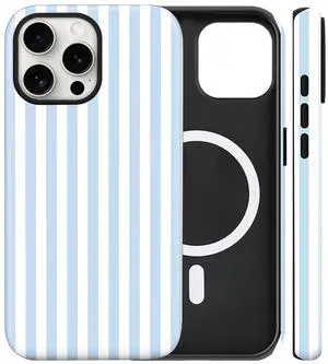 Magnetic for iPhone 15 Case Cute Stripes Phone Case, Blue&White Magnetic for iPhone 15 Case Cute Stripes Phone Case, Blue&White