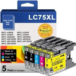 LC75 High Yield Ink Cartridge Replacement for Brother LC75 LC71 LC79 XL Use with MFC-J6510DW MFC-J6710DW MFC-J6910DW MFC-J280W MFC-J425W (2 Black, Cyan, Magenta, Yellow) 5 Pack LC75 High Yield Ink Cartridge Replacement for Brother LC75 LC71 LC79 XL Use with MFC-J6510DW MFC-J6710DW MFC-J6910DW MFC-J280W MFC-J425W (2 Black, Cyan, Magenta, Yellow) 5 Pack
