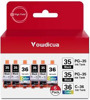 PGI-35 CLI-36 Ink Cartridge High Yield (6-Pack, 4 Black, 2 Color) Vowdic Compatible Replacement for Canon 35 36 Ink Cartridge to use with PIXMA iP100, iP110, TR150 Printer PGI-35 CLI-36 Ink Cartridge High Yield (6-Pack, 4 Black, 2 Color) Vowdic Compatible Replacement for Canon 35 36 Ink Cartridge to use with PIXMA iP100, iP110, TR150 Printer