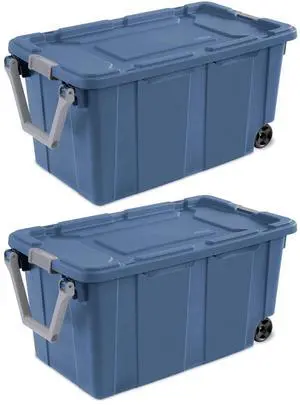 Industrial Storage Tote with Wheels, Blue, Heavy-Duty Plastic, 40 Gallon, Latching Lid, Stackable, 36.75x21.38x18 Inch, 2 Pack Industrial Storage Tote with Wheels, Blue, Heavy-Duty Plastic, 40 Gallon, Latching Lid, Stackable, 36.75x21.38x18 Inch, 2 Pack