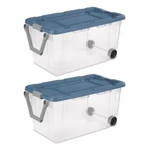 Wheeled Storage Box, Clear Plastic with Blue Lid, 160 Quart Capacity, Stackable Container with Latches, Heavy Duty Wheels, 36.75x21.38x18 Inch, 2 Pack Wheeled Storage Box, Clear Plastic with Blue Lid, 160 Quart Capacity, Stackable Container with Latches, Heavy Duty Wheels, 36.75x21.38x18 Inch, 2 Pack
