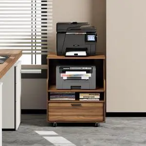 Printer Stand with Storage, 4-Tier Office Cabinet with Wheels | Mobile Printer Table with Drawers, Can Hold 2 Printers Office Desk, Under Desk Storage, Mid Century Modern, Borwn Printer Stand with Storage, 4-Tier Office Cabinet with Wheels | Mobile Printer Table with Drawers, Can Hold 2 Printers Office Desk, Under Desk Storage, Mid Century Modern, Borwn