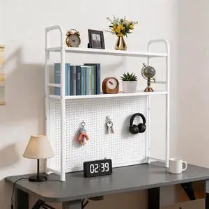 Desktop Hutch Bookshelf, 2-Tier Metal Desk Shelf Bookcase, Countertop Storage Organizer, Multipurpose Display Rack with Pegboard Hooks Screwdriver Set for Dorm Office Home (White, 37.4") Desktop Hutch Bookshelf, 2-Tier Metal Desk Shelf Bookcase, Countertop Storage Organizer, Multipurpose Display Rack with Pegboard Hooks Screwdriver Set for Dorm Office Home (White, 37.4")