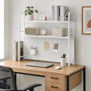 2 Tiers Desktop Hutch Bookshelf, 45" W Countertop Storage Organizer, Metal Desk Shelf Bookcase, Multipurpose Display Rack with Pegboard Screwdriver Set for Dorm Office Home, White 2 Tiers Desktop Hutch Bookshelf, 45" W Countertop Storage Organizer, Metal Desk Shelf Bookcase, Multipurpose Display Rack with Pegboard Screwdriver Set for Dorm Office Home, White