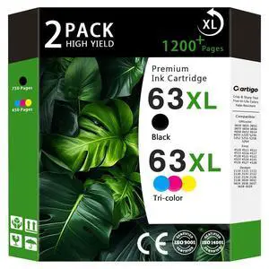 63XL High Yield Ink Cartridges Combo Pack Compatible for HP 63XL 63 Replacement for HP Envy 4510 4511 4512 OfficeJet 3830 3831 3832 Deskjet 1110 1111 2130 Series Printers(1 Black/1 Tri-Color 2-Pack) 63XL High Yield Ink Cartridges Combo Pack Compatible for HP 63XL 63 Replacement for HP Envy 4510 4511 4512 OfficeJet 3830 3831 3832 Deskjet 1110 1111 2130 Series Printers(1 Black/1 Tri-Color 2-Pack)