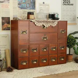 Wooden Desk Drawer Organizer, 3 Sizes Vintage Apothecary Drawers Cabinet with 14 Drawers Label Frame Practical Card Catalog Cabinets for Household Office Medicine Tea Bags (Old Brown) Wooden Desk Drawer Organizer, 3 Sizes Vintage Apothecary Drawers Cabinet with 14 Drawers Label Frame Practical Card Catalog Cabinets for Household Office Medicine Tea Bags (Old Brown)