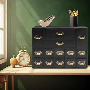 Wooden Desk Drawer Organizer, 3 Sizes Vintage Apothecary Drawers Cabinet with 14 Drawers Label Frame Practical Card Catalog Cabinets for Household Office Medicine Tea Bags (Black) Wooden Desk Drawer Organizer, 3 Sizes Vintage Apothecary Drawers Cabinet with 14 Drawers Label Frame Practical Card Catalog Cabinets for Household Office Medicine Tea Bags (Black)