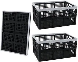 3-Pack 66 L Collapsible Milk Crates, Folding Plastic Storage Bins | Stackable Containers for Organizing, Foldable Crates 23.5 x 16.88 x 11.81 in, Black, Space-Saving Fold-Flat Design 3-Pack 66 L Collapsible Milk Crates, Folding Plastic Storage Bins | Stackable Containers for Organizing, Foldable Crates 23.5 x 16.88 x 11.81 in, Black, Space-Saving Fold-Flat Design