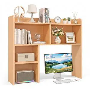 Desktop Bookshelf, Countertop Storage Hutch with 3 Shelves for Computer Desk, 2-Tier Display Rack, Multipurpose Wood Desk Hutch Storage Organizer for Home Office Dorm, Natural Desktop Bookshelf, Countertop Storage Hutch with 3 Shelves for Computer Desk, 2-Tier Display Rack, Multipurpose Wood Desk Hutch Storage Organizer for Home Office Dorm, Natural