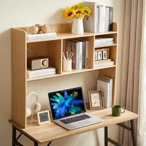 Desktop Bookshelf, Wooden Desk Storage Hutch with 6 Shelves for Computer Desk, 3-Tier Desktop Display Organizer Rack for Office Home (Natural) Desktop Bookshelf, Wooden Desk Storage Hutch with 6 Shelves for Computer Desk, 3-Tier Desktop Display Organizer Rack for Office Home (Natural)