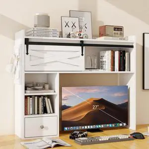 Desktop Bookshelf, Desk Shelf with Drawer for Computer Desk, 36.22" 7-Tier Adjustable Desktop Hutch Organizer with Pegboard for Home Office, Oak Desktop Bookshelf, Desk Shelf with Drawer for Computer Desk, 36.22" 7-Tier Adjustable Desktop Hutch Organizer with Pegboard for Home Office, Oak
