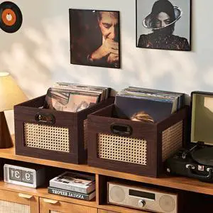 2 Pack Vinyl Record Storage Crates, Rattan Vinyl Record Holder with Handle, Natural Wood Record Crate for Vinyls Holder up to 75 LP's, Desktop Cube Album Storage for Vinyls Records(Walnut) 2 Pack Vinyl Record Storage Crates, Rattan Vinyl Record Holder with Handle, Natural Wood Record Crate for Vinyls Holder up to 75 LP's, Desktop Cube Album Storage for Vinyls Records(Walnut)
