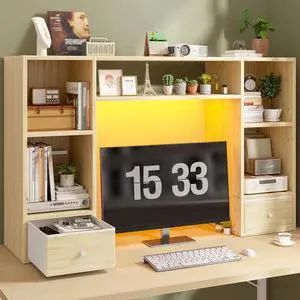47.2" Desktop Bookshelf, 6 Shelves & 2 Drawers, LED Lights, Natural | 12mm MDF with Scratch-resistant, Up to 27" -monitor, Adjustable Shelves 47.2" Desktop Bookshelf, 6 Shelves & 2 Drawers, LED Lights, Natural | 12mm MDF with Scratch-resistant, Up to 27" -monitor, Adjustable Shelves