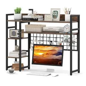 Desktop Bookshelf for Computer Monitor Up to 32, 37" x 29" Countertop Storage Hutch with 4 Open Storage Shelves, Grid Panel, Anti-tip Device, 4-Tier Desktop Display Shelves for Home Office Desktop Bookshelf for Computer Monitor Up to 32, 37" x 29" Countertop Storage Hutch with 4 Open Storage Shelves, Grid Panel, Anti-tip Device, 4-Tier Desktop Display Shelves for Home Office