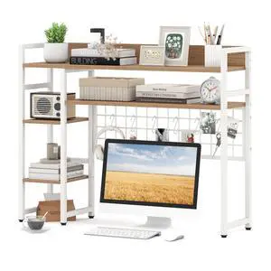 Desktop Bookshelf for Computer Monitor Up to 32, Countertop Storage Hutch with 4 Open Storage Shelves, Grid Panel, Anti-tip Device, 4-Tier Desktop Display Shelves for Home Office (Natural) Desktop Bookshelf for Computer Monitor Up to 32, Countertop Storage Hutch with 4 Open Storage Shelves, Grid Panel, Anti-tip Device, 4-Tier Desktop Display Shelves for Home Office (Natural)