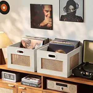 2 Pack Vinyl Record Storage Crates, Rattan Vinyl Record Holder with Handle, Grey Natural Wood Record Crate for Vinyls Holder up to 75 LP's, Desktop Cube Album Storage for Vinyls Records 2 Pack Vinyl Record Storage Crates, Rattan Vinyl Record Holder with Handle, Grey Natural Wood Record Crate for Vinyls Holder up to 75 LP's, Desktop Cube Album Storage for Vinyls Records