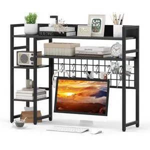 Desktop Bookshelf for Computer 32 Monitor, 37" Countertop Storage Hutch with 4 Open Storage Shelves, Grid Panel, Anti-tip Device, 4-Tier Desktop Display Shelves for Home Office Desktop Bookshelf for Computer 32 Monitor, 37" Countertop Storage Hutch with 4 Open Storage Shelves, Grid Panel, Anti-tip Device, 4-Tier Desktop Display Shelves for Home Office