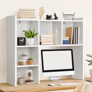 White Desk Hutch, Dorm Organizers and Storage, Desktop Bookshelf with 5 Shelves, 3-Tier Wooden Desktop Organizer, Computer Desk with Hutch for Office Dorm Home White Desk Hutch, Dorm Organizers and Storage, Desktop Bookshelf with 5 Shelves, 3-Tier Wooden Desktop Organizer, Computer Desk with Hutch for Office Dorm Home