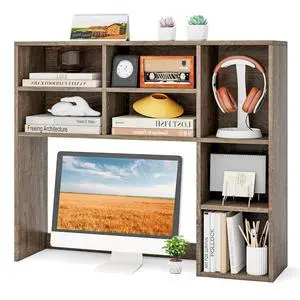 Wooden Desktop Bookshelf, Countertop Desk Hutch w/ 7 Cubes & Adjustable Shelves, Anti-toppling Kits, Table Top Organizer Shelf Fits Monitors up to 27 for Dorm, Office, Study (Grey Oak) Wooden Desktop Bookshelf, Countertop Desk Hutch w/ 7 Cubes & Adjustable Shelves, Anti-toppling Kits, Table Top Organizer Shelf Fits Monitors up to 27 for Dorm, Office, Study (Grey Oak)