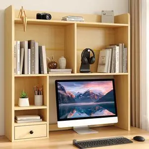 Desktop Bookshelf for 27" Monitor, Space-Saving Engineered Wood Desk Hutch Organizer with Adjustable Shelves & Drawer, Clutter-Free Tabletop Bookcase for Dorm & Home Office, Natural Desktop Bookshelf for 27" Monitor, Space-Saving Engineered Wood Desk Hutch Organizer with Adjustable Shelves & Drawer, Clutter-Free Tabletop Bookcase for Dorm & Home Office, Natural