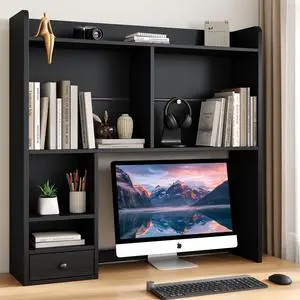 Desktop Bookshelf for 27" Monitor, Space-Saving Engineered Wood Desk Hutch Organizer with Adjustable Shelves & Drawer, Clutter-Free Tabletop Bookcase for Dorm & Home Office, Black Desktop Bookshelf for 27" Monitor, Space-Saving Engineered Wood Desk Hutch Organizer with Adjustable Shelves & Drawer, Clutter-Free Tabletop Bookcase for Dorm & Home Office, Black