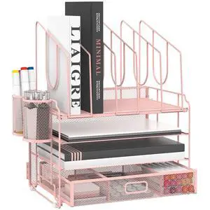 4-Tier Mesh Desk Organizer with Drawer, Desktop Organizer with 5 Vertical File Holders and 2 Pen Holders, File Organizer for Desk, Multifunction Office Desk Accessories, Pink 4-Tier Mesh Desk Organizer with Drawer, Desktop Organizer with 5 Vertical File Holders and 2 Pen Holders, File Organizer for Desk, Multifunction Office Desk Accessories, Pink