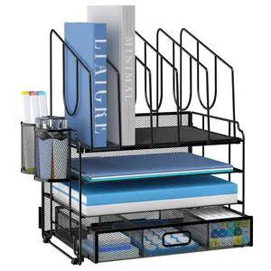 4-Tier Mesh Desk Organizer with Drawer, Desktop Organizer with 5 Vertical File Holders and 2 Pen Holders, File Organizer for Desk, Multifunction Office Desk Accessories, Black 4-Tier Mesh Desk Organizer with Drawer, Desktop Organizer with 5 Vertical File Holders and 2 Pen Holders, File Organizer for Desk, Multifunction Office Desk Accessories, Black