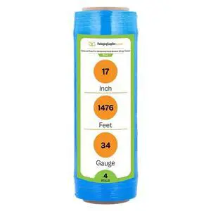 PSBM 4 Rolls 17 Inch x 1476 Feet 34 Gauge Pre-Stretched Film/Wrap, Industrial Strength Blue Shrink/Plastic Wrap for Moving, Packing, Shipping, Pallet Wrapping & Storage PSBM 4 Rolls 17 Inch x 1476 Feet 34 Gauge Pre-Stretched Film/Wrap, Industrial Strength Blue Shrink/Plastic Wrap for Moving, Packing, Shipping, Pallet Wrapping & Storage