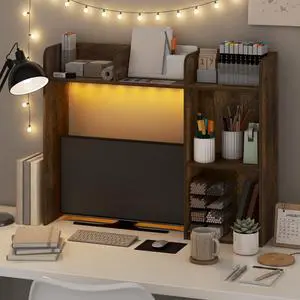 Classic Desk Shelf with LED Lights, 5-Shelf Hutch, Amber Pine | LED Desktop Book Shelf, Desk Organzier, for Office Supplies, Office Desk Accessories Classic Desk Shelf with LED Lights, 5-Shelf Hutch, Amber Pine | LED Desktop Book Shelf, Desk Organzier, for Office Supplies, Office Desk Accessories