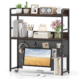 Desktop Bookshelf, Multipurpose 2-Tier Desk Hutch with Pegboard, Industrial Countertop Storage Organizer Rack for up to 32" Computer Monitor, Hutch for Dorm Home Office (Rustic Brown) Desktop Bookshelf, Multipurpose 2-Tier Desk Hutch with Pegboard, Industrial Countertop Storage Organizer Rack for up to 32" Computer Monitor, Hutch for Dorm Home Office (Rustic Brown)