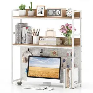 Desktop Bookshelf, Multipurpose 2-Tier Desk Hutch with Pegboard, Industrial Countertop Storage Organizer Rack for up to 32" Computer Monitor, Hutch for Dorm Home Office (Natural) Desktop Bookshelf, Multipurpose 2-Tier Desk Hutch with Pegboard, Industrial Countertop Storage Organizer Rack for up to 32" Computer Monitor, Hutch for Dorm Home Office (Natural)