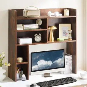 Desktop Bookshelf, Countertop Storage Hutch with 7 Shelves for Computer Desk, 35.4'' 3-Tier Display Rack, Multipurpose Wooden Desk Hutch Storage Organizer for Home Office Dorm, Brown Desktop Bookshelf, Countertop Storage Hutch with 7 Shelves for Computer Desk, 35.4'' 3-Tier Display Rack, Multipurpose Wooden Desk Hutch Storage Organizer for Home Office Dorm, Brown