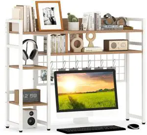 Desktop Bookshelf, 37" Desk Shelf for Up to 32" Computer Monitor, 4 Tier Desktop Display Shelves w/Grid Panel, 6 Movable Hooks, Anti-tip Device, Desk Hutch for Home Office Dorm (Natural) Desktop Bookshelf, 37" Desk Shelf for Up to 32" Computer Monitor, 4 Tier Desktop Display Shelves w/Grid Panel, 6 Movable Hooks, Anti-tip Device, Desk Hutch for Home Office Dorm (Natural)