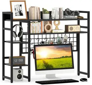 Desktop Bookshelf, 37" Desk Shelf for Up to 32" Computer Monitors, 4 Tier Desktop Display Shelves with Grid Panel, 6 Movable Hooks, Anti-tip Device, Desk Hutch for Home Office Dorm (Black) Desktop Bookshelf, 37" Desk Shelf for Up to 32" Computer Monitors, 4 Tier Desktop Display Shelves with Grid Panel, 6 Movable Hooks, Anti-tip Device, Desk Hutch for Home Office Dorm (Black)