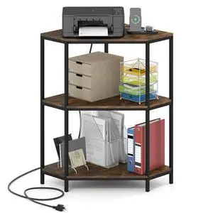 Corner Printer Stand, 3-Tier Corner Shelf with Charging Station and Metal Frame, Small Industrial Bookshelf, Printer Table for Living Room, Kitchen, Home Office (1) Corner Printer Stand, 3-Tier Corner Shelf with Charging Station and Metal Frame, Small Industrial Bookshelf, Printer Table for Living Room, Kitchen, Home Office (1)