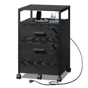 2 Drawer File Cabinet with Lock and Charging Station | Wood Filing Cabinet fits A4 or Letter Size, Mobile Printer Stand with Open Storage Shelf for Home Office, Black 2 Drawer File Cabinet with Lock and Charging Station | Wood Filing Cabinet fits A4 or Letter Size, Mobile Printer Stand with Open Storage Shelf for Home Office, Black