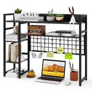Desktop Bookshelf, 37 Inch Desk Shelf for Computer Monitor, 4-Tier Desk Hutch with Grid Panel 6 Hooks Set, Industrial Countertop Storage Organizer Shelf for Home Office, Dorm (Black) Desktop Bookshelf, 37 Inch Desk Shelf for Computer Monitor, 4-Tier Desk Hutch with Grid Panel 6 Hooks Set, Industrial Countertop Storage Organizer Shelf for Home Office, Dorm (Black)