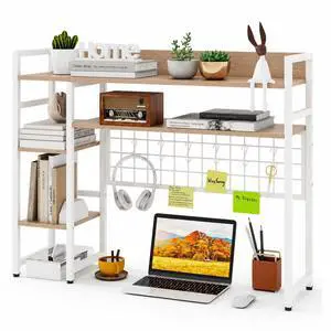 Desktop Bookshelf, 37 Inch Desk Shelf for Computer Monitor, 4-Tier Desk Hutch with Grid Panel 6 Hooks Set, Modern Countertop Storage Organizer Shelf for Home Office, Dorm (Natural & White) Desktop Bookshelf, 37 Inch Desk Shelf for Computer Monitor, 4-Tier Desk Hutch with Grid Panel 6 Hooks Set, Modern Countertop Storage Organizer Shelf for Home Office, Dorm (Natural & White)