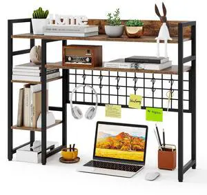 Desktop Bookshelf, 37 Inch Desk Shelf for Computer Monitor, 4-Tier Desk Hutch with Grid Panel 6 Hooks Set, Industrial Countertop Storage Organizer Shelf for Home Office, Dorm (Rustic Brown) Desktop Bookshelf, 37 Inch Desk Shelf for Computer Monitor, 4-Tier Desk Hutch with Grid Panel 6 Hooks Set, Industrial Countertop Storage Organizer Shelf for Home Office, Dorm (Rustic Brown)